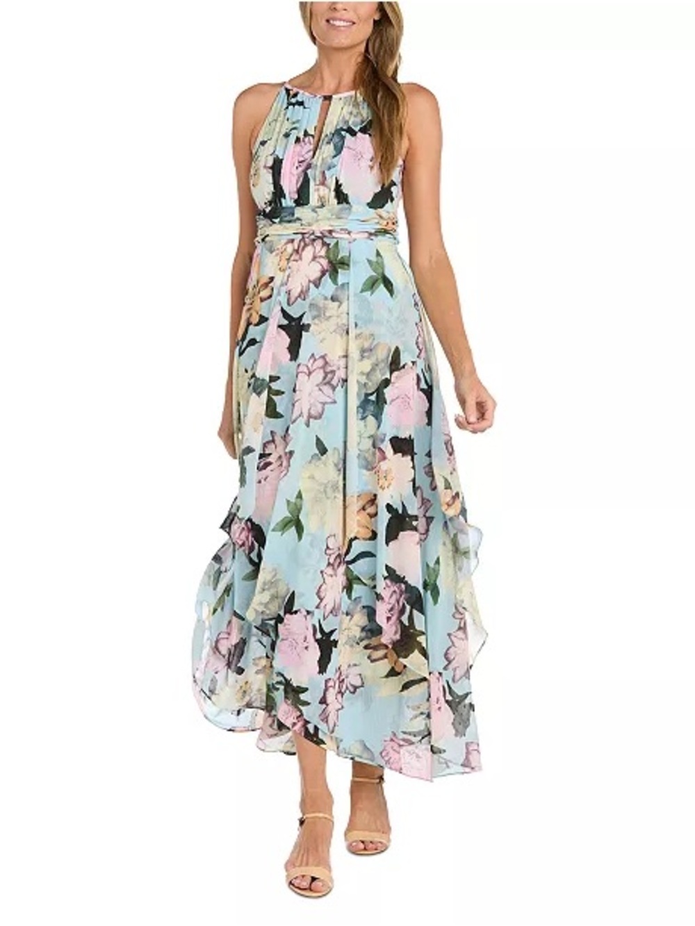 R&M Richards Pastel Blue Floral Pleated Dress, 6P